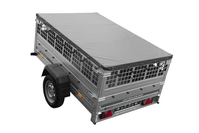 Rimorchio per auto 200x125 UNITRAILER GARDEN 201 KIPP con lati in rete, telaio H-0 e copertura grigia
