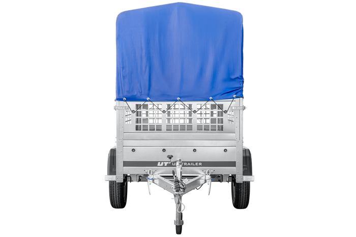 Rimorchio leggero 200x106 UNITRAILER GARDEN 200 KIPP con sponde in rete, telaio H-800 e telo di copertura blu