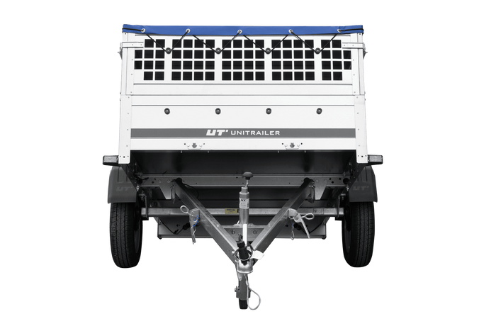 Rimorchio monoasse 200x125 UNITRAILER GARDEN 201 KIPP con sponde in rete, telaio H-0 e telone blu