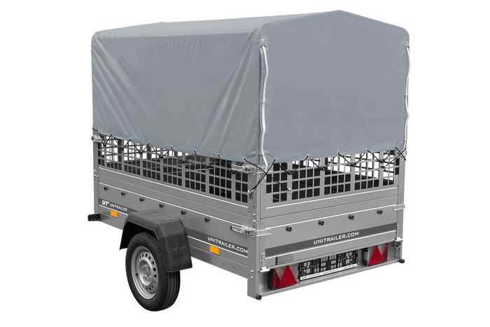 Rimorchio monoasse 200x125 UNITRAILER GARDEN 201 KIPP con sponde in rete, telaio H-800 e copertura grigia