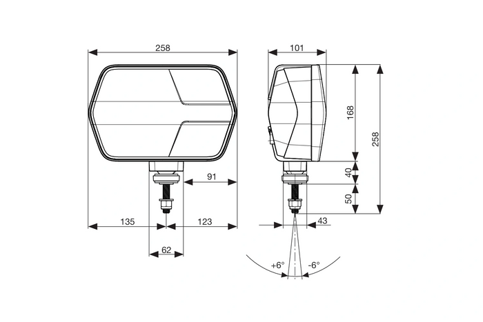 Faro anteriore a LED ASPÖCK LuxLED II con 7 funzioni, connettore DEUTSCH DT06-6S a 6 pin, lato destro.
