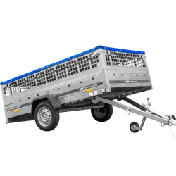 Rimorchio leggero su molle 264x150 UNITRAILER GARDEN 265/R KIPP con sponde in rete, telaio H-0 e copertura blu
