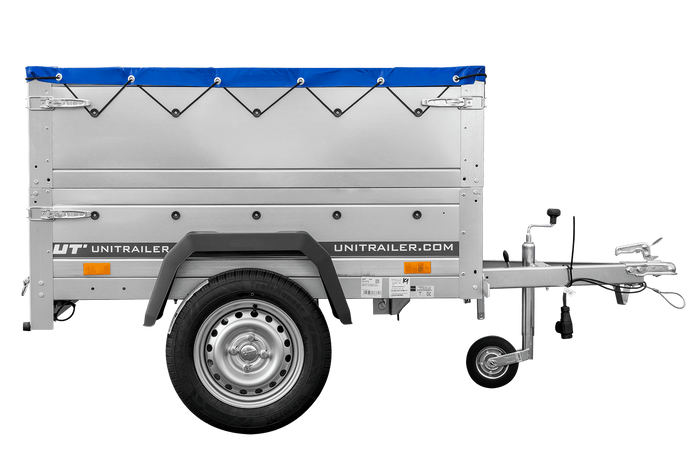 Rimorchio carrello leggero senza freni trasporto cose 750 kg Unitrailer Garden Trailer 150 kipp (new) con ruotino sovrasponde e telo blu