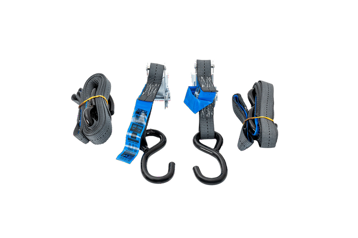 Set di due cinghie di trasporto HILLS da 3 m/25 mm/1 t con tenditore e due imbracature da 0,45 m per fissare la motocicletta.