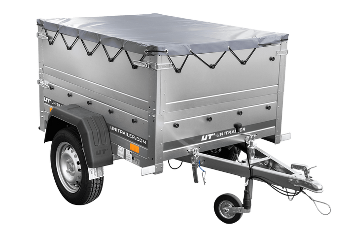 Rimorchio da giardino Unitrailer Garden Trailer 150 KIPP (nuovo) con ruotino sovrasponde e centina H0 con telo grigio