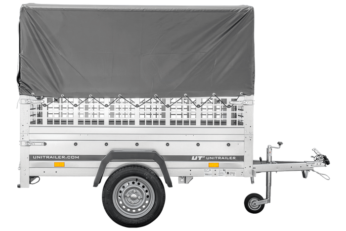 rimorchio carello trasporto cose rimorchio leggero 750 kg Unitrailer Garden Trailer 200 kipp con sovrasponde a rete ruotino centina e telo grigio 