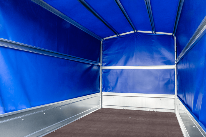 Rimorchio per auto 230x125 UNITRAILER GARDEN 230 KIPP con telaio H-1100 e copertura blu