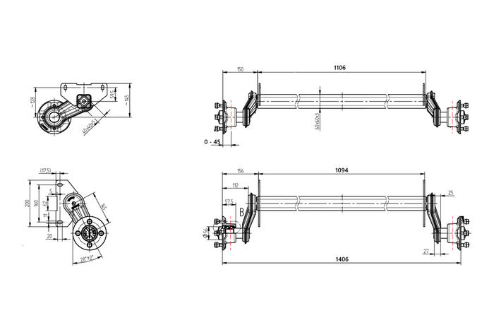 Assale senza freni KNOTT VG7-L per rimorchio per barche 750 kg 1094 mm 1406 mm 4x100