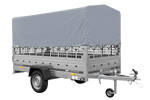 RIMORCHIO TRASPORTO COSE RIMORCHIO LEGGERO 750 KG UNITRAILER GARDEN TRAILER 264 KIPP CON SOVRASPONDE A RETE RUOTINO CENTINA E TELO GRIGIO