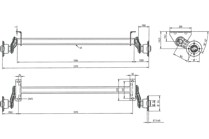 Asse KNOTT VG7-L non frenato per rimorchio UNITRAILER 750kg 1070mm 1370mm 4x100