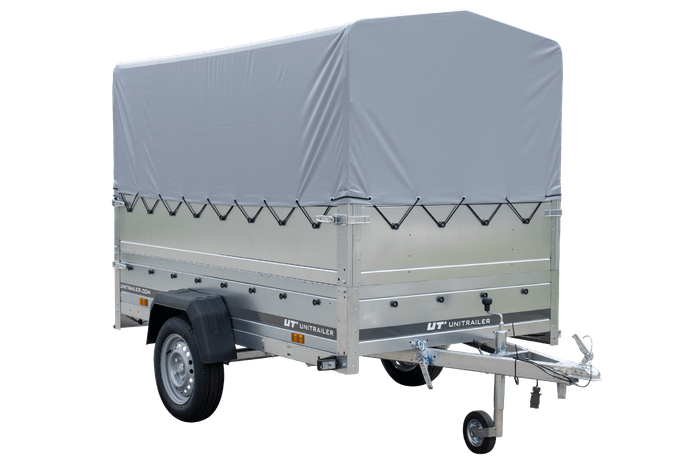 Rimorchio per auto 230x125 UNITRAILER GARDEN 230 KIPP con sponde BIS, telaio H-800 e copertura grigia