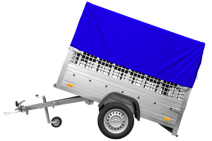 RIMORCHIO CARELLO TRASPORTO COSE RIMORCHIO LEGGERO 750 KG UNITRAILER GARDEN TRAILER 200 KIPP CON SOVRASPONDE A RETE RUOTINO CENTINA E TELO BLU