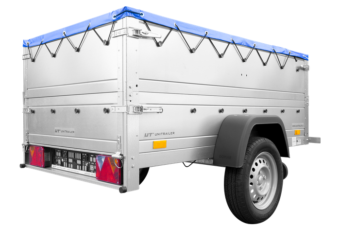 Nuovo rimorchio per auto GARDEN TRAILER 200 KIPP con ruotino d'appoggio, sovrasponde e telo piatto blu