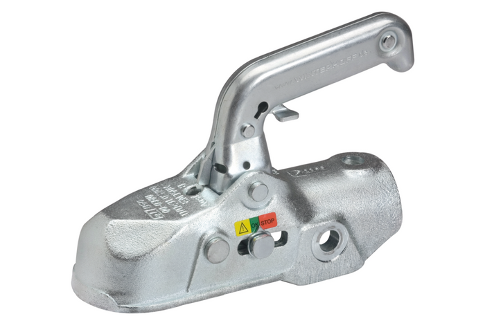 Gancio di traino WINTERHOFF WW 350-RB-K1212 per rimorchio da 3500 kg con timone in tubo da 50 mm, in ghisa.
