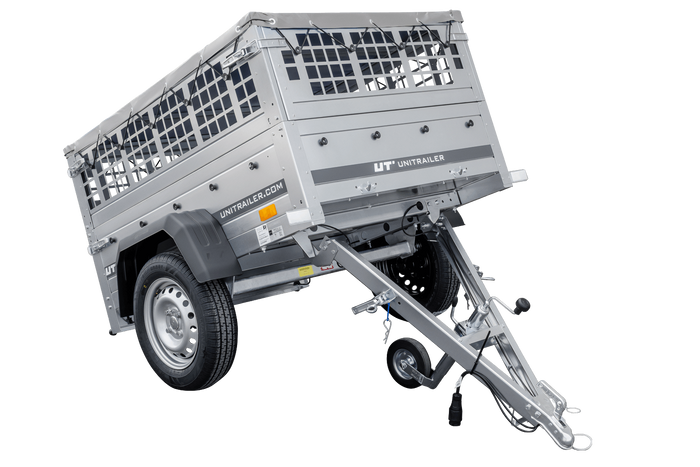 Rimorchio per auto 150x106 UNITRAILER GARDEN 150 KIPP con lati in rete e copertura grigia