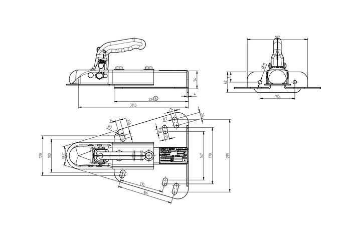 Gancio di traino KNOTT K7.5-H+KZE7.5 per rimorchio da 750 kg con timone a V.