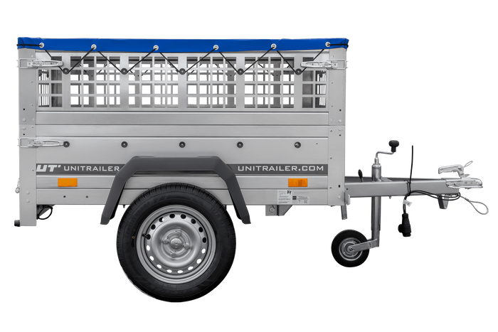 Rimorchio per auto 150x106 UNITRAILER GARDEN 150 KIPP con lati in rete e copertura blu