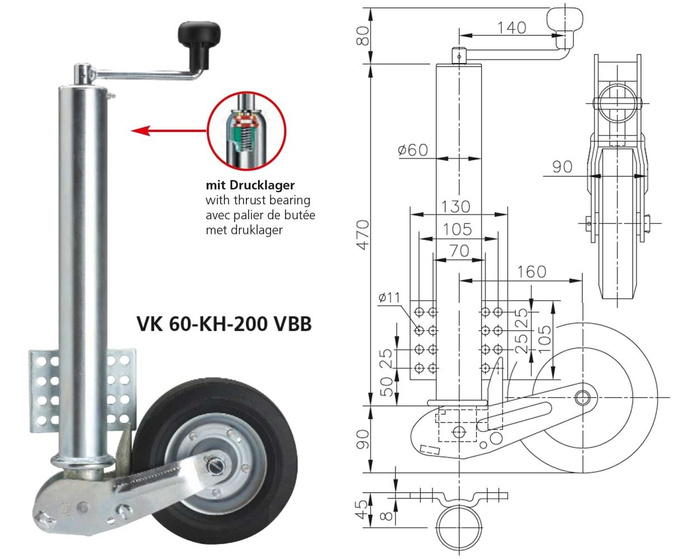 WINTERHOFF VK60-KH-200VBB ruotino di appoggio automatico con maniglia 250kg 60mm