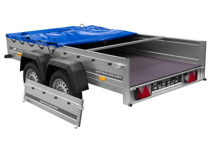 Rimorchio a due assi 264x125 UNITRAILER GARDEN 264/2 KIPP con telaio H-0 e telone blu
