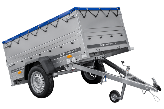 Rimorchio per auto 200x106 UNITRAILER GARDEN 200 KIPP con sponde BIS, telaio H-0 e copertura blu