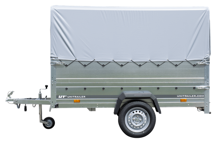 Rimorchio per auto 230x125 UNITRAILER GARDEN 230 KIPP con sponde BIS, telaio H-800 e copertura grigia
