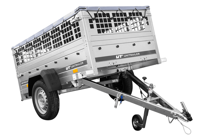 RIMORCHIO DA GIARDINO 200 KIPP CON RUOTA DI SOSTEGNO, FIANCHI IN RETE E TELO PIATTO GRIGIO