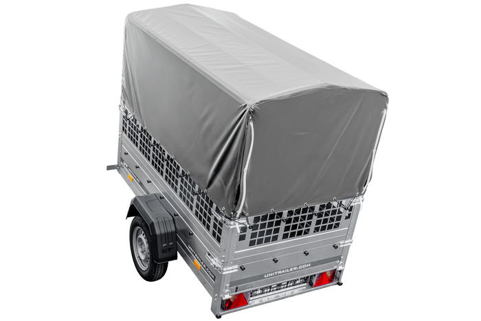 Rimorchio per auto 200x106 UNITRAILER GARDEN 200 KIPP con sponde in rete, telaio H-800 e copertura grigia