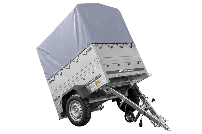 Rimorchio monoasse 150x106 UNITRAILER GARDEN 150 KIPP con sponde BIS, telaio H-800 e copertura grigia