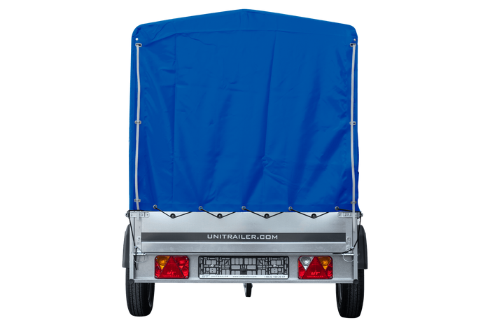 Rimorchio per auto 264x125 UNITRAILER GARDEN 264 KIPP con telaio H-1100 e copertura blu