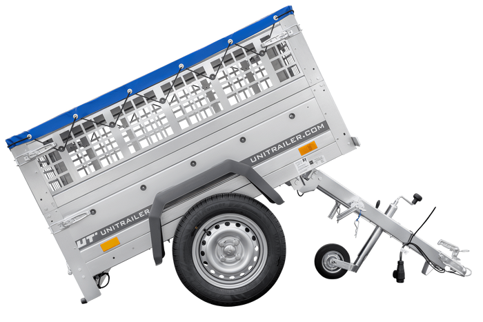 Rimorchio per auto 150x106 UNITRAILER GARDEN 150 KIPP con lati in rete e copertura blu