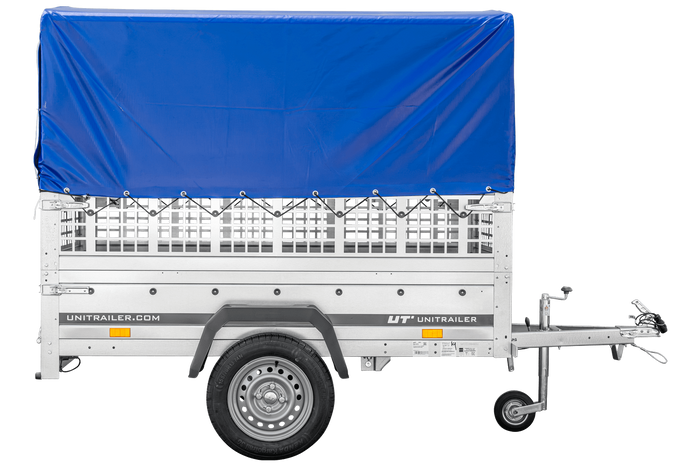 RIMORCHIO CARELLO TRASPORTO COSE RIMORCHIO LEGGERO 750 KG UNITRAILER GARDEN TRAILER 200 KIPP CON SOVRASPONDE A RETE RUOTINO CENTINA E TELO BLU