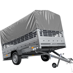 Rimorchio per auto su molle 264x150 UNITRAILER GARDEN 265/R KIPP con sponde in rete, telaio H-800 e copertura grigia