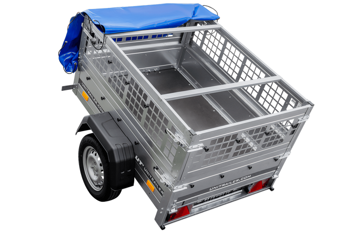 Rimorchio per auto 150x106 UNITRAILER GARDEN 150 KIPP con lati in rete e copertura blu