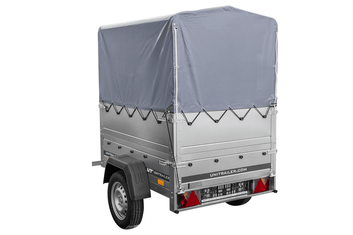 Rimorchio monoasse 150x106 UNITRAILER GARDEN 150 KIPP con sponde BIS, telaio H-800 e copertura grigia