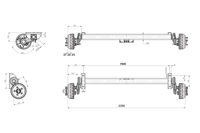 Assale frenato KNOTT VGB13M per rimorchio/portauto 1350 kg 1900 mm 2350 mm 5x112