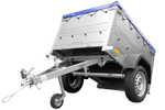 Rimorchio carrello leggero senza freni trasporto cose 750 kg Unitrailer Garden Trailer 150 kipp (new) con ruotino sovrasponde e telo blu
