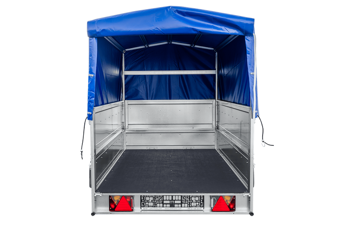 Rimorchio leggero 230x125 UNITRAILER GARDEN 230 KIPP con sponde BIS, telaio H-800 e telo di copertura blu