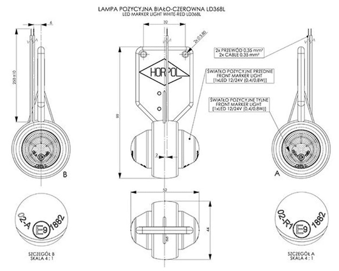 HORPOL LD 368/P LED luce di posizione sospesa a destra