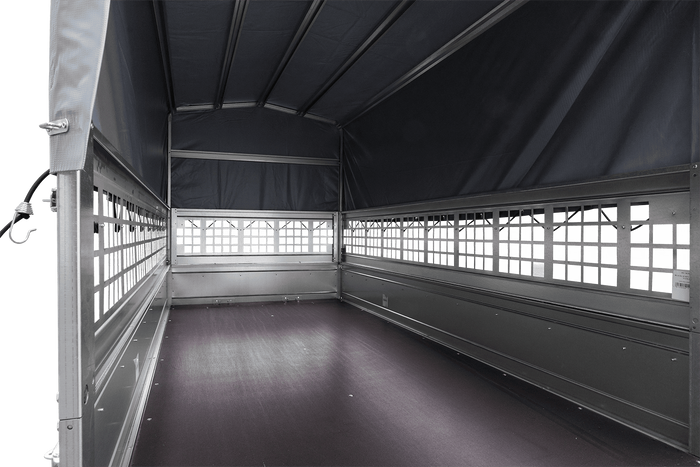 RIMORCHIO TRASPORTO COSE RIMORCHIO LEGGERO 750 KG UNITRAILER GARDEN TRAILER 264 KIPP CON SOVRASPONDE A RETE RUOTINO CENTINA E TELO GRIGIO