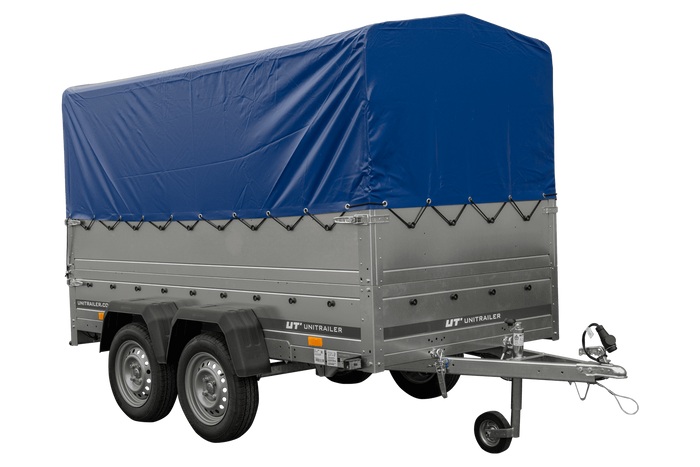 Rimorchio per auto a due assi UNITRAILER GARDEN TRAILER 264/2 KIPP CON RUOTA DI SOSTEGNO, FIANCHI BIS, TELAIO H-800 E COPERTURA BLU