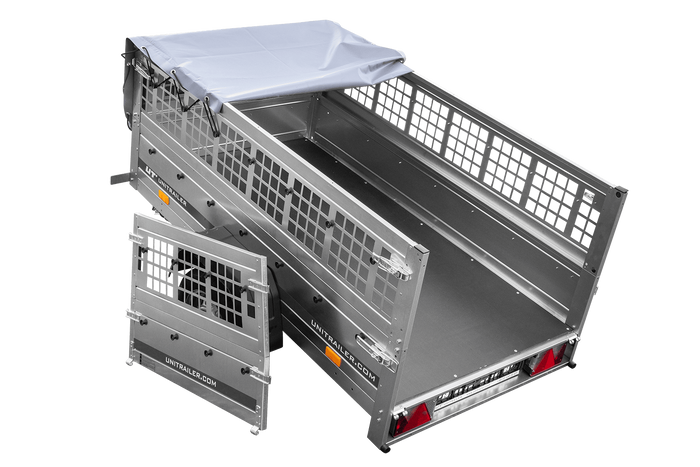 Rimorchio monoasse 200x106 UNITRAILER GARDEN 200 KIPP con sponde in rete e telone grigio