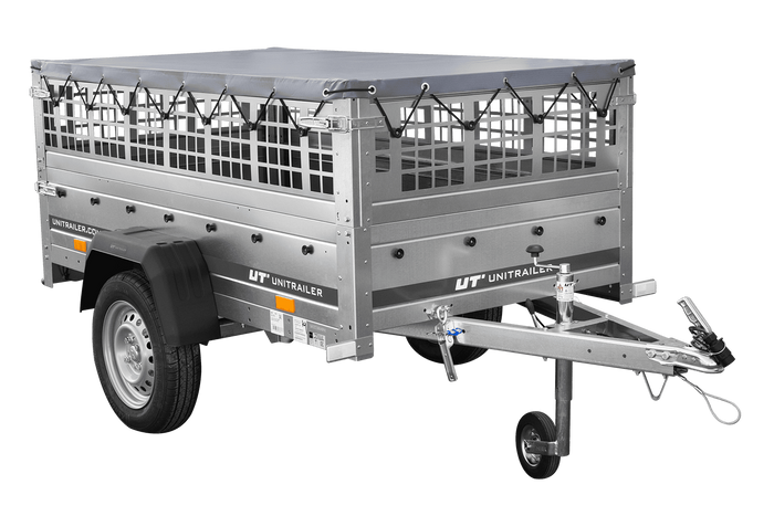 Rimorchio monoasse 200x106 UNITRAILER GARDEN 200 KIPP con sponde in rete e telone grigio