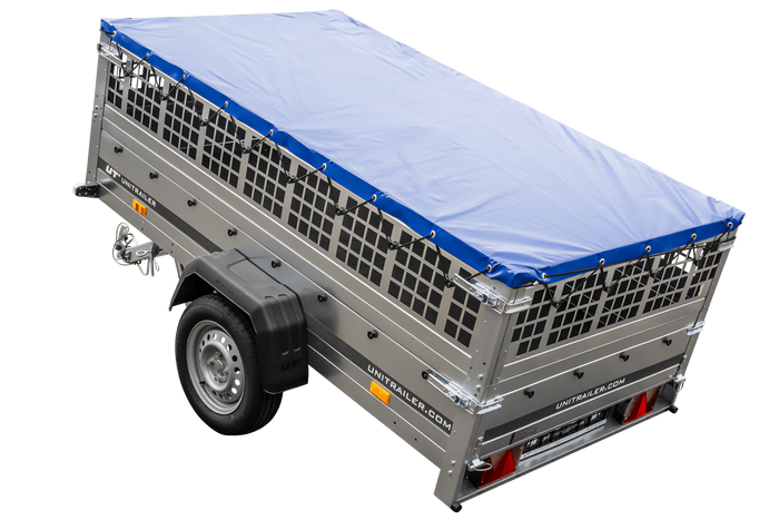 Rimorchio leggero 230x125 UNITRAILER GARDEN 230 KIPP con lati in rete, telaio H-0 e copertura blu