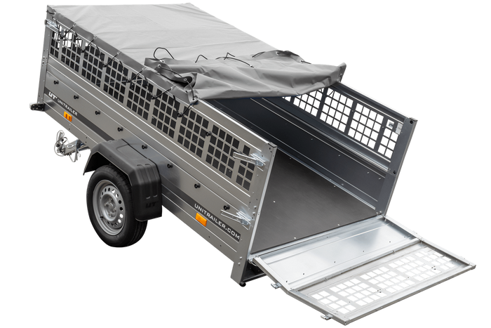 Rimorchio per auto 230x125 UNITRAILER GARDEN 230 KIPP con lati in rete e copertura grigia