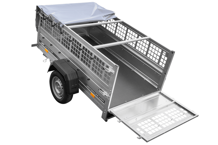 Rimorchio monoasse 200x106 UNITRAILER GARDEN 200 KIPP con sponde in rete, telaio H-0 e copertura grigia