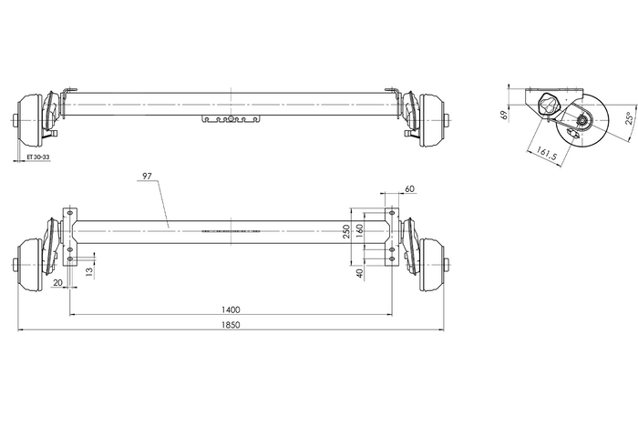 Assale frenato AL-KO COMPACT per rimorchio/carro attrezzi 1350kg 1400mm 1850mm 5x112