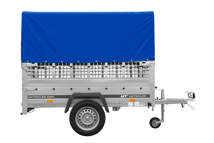 Rimorchio per auto 200x125 UNITRAILER GARDEN 201 KIPP con sponde in rete, telaio H-800 e telone grigio