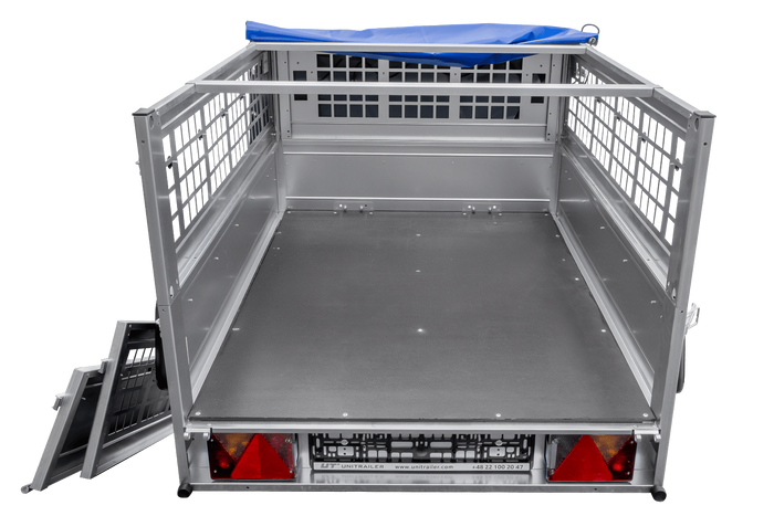 Rimorchio per auto 150x106 UNITRAILER GARDEN 150 KIPP con lati in rete e copertura blu