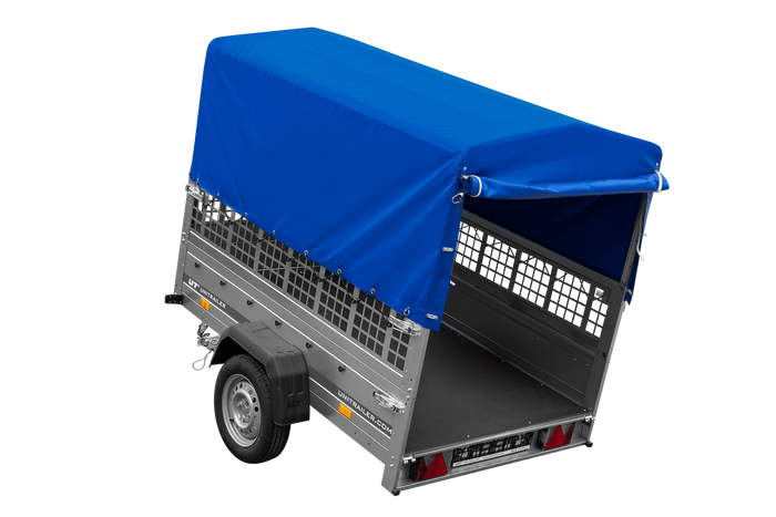 Rimorchio per auto 200x125 UNITRAILER GARDEN 201 KIPP con sponde in rete, telaio H-800 e telone grigio