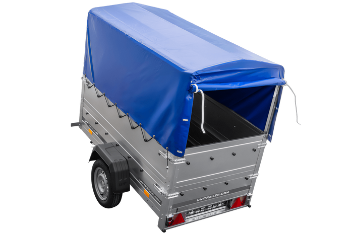 Rimorchio per auto 200x106 UNITRAILER GARDEN 200 KIPP con sponde BIS, telaio H-800 e telo di copertura blu